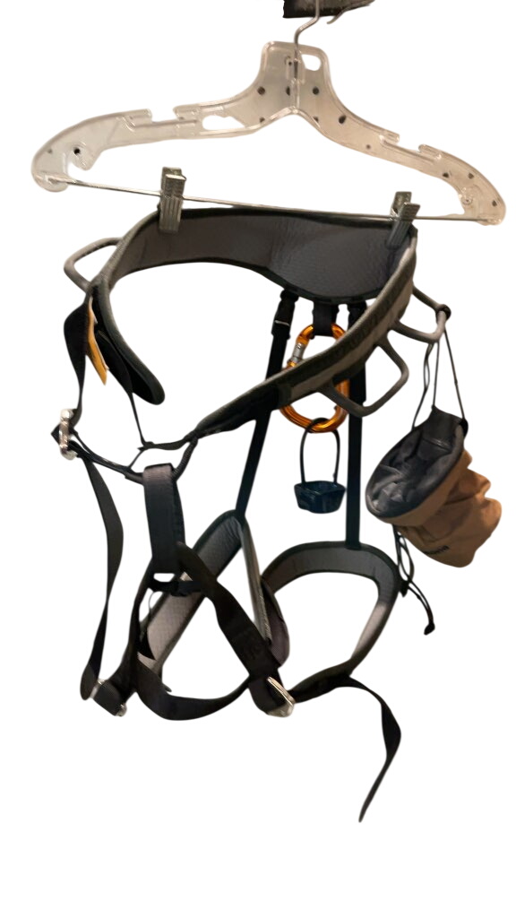 Black Diamond Rock Climbing Harness with Chalk Bag and Accessories