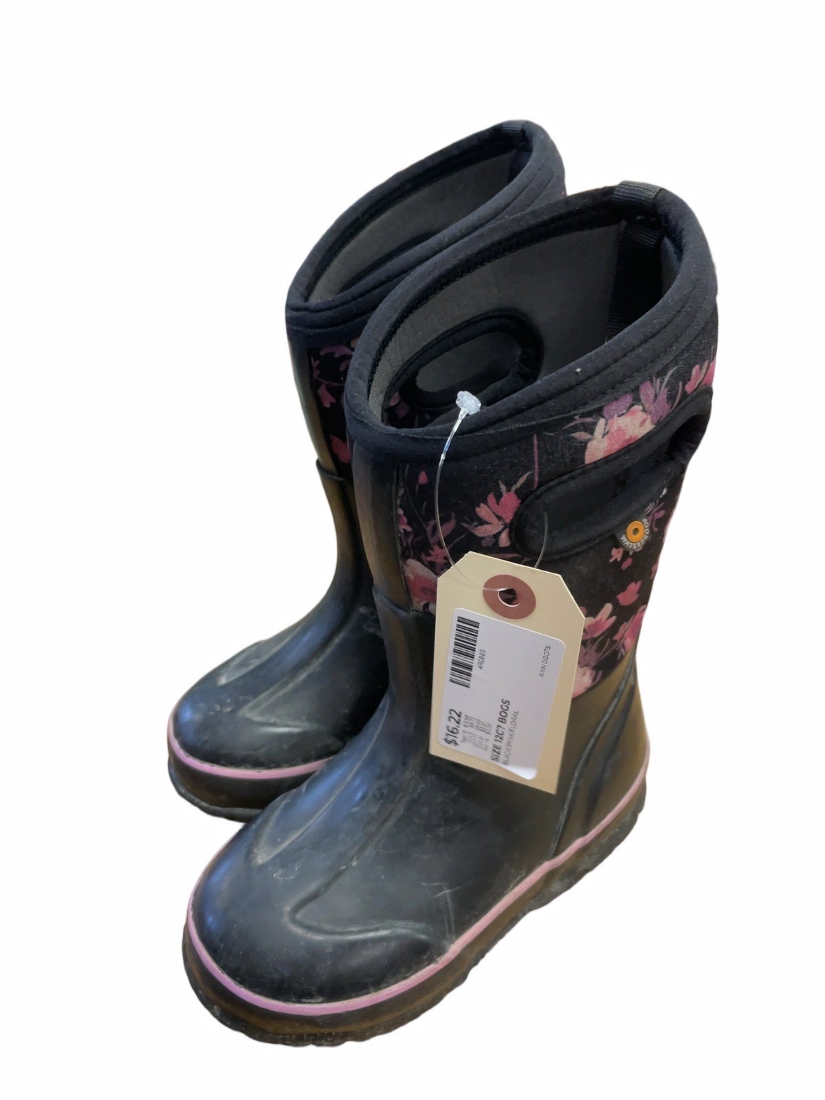 Bogs Rain Boots 12C Black/Pink Floral - image 1