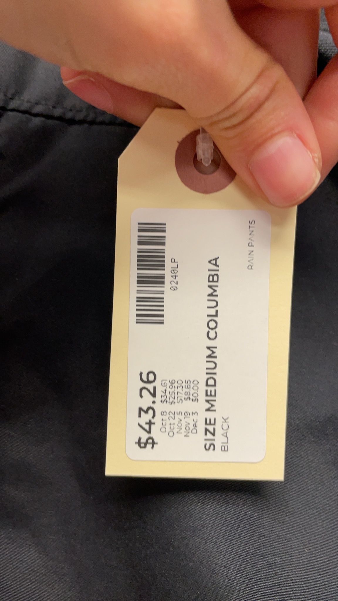 Columbia Rain Pants Size Medium Black