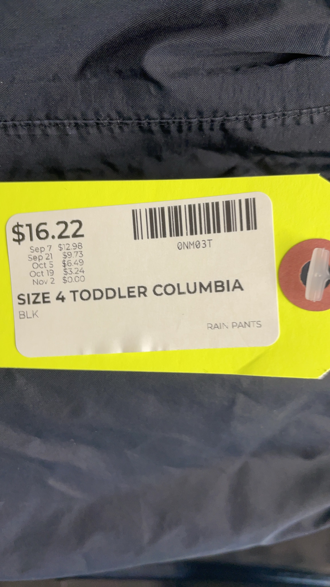 Columbia Size 4 Toddler Rain Pants - Black