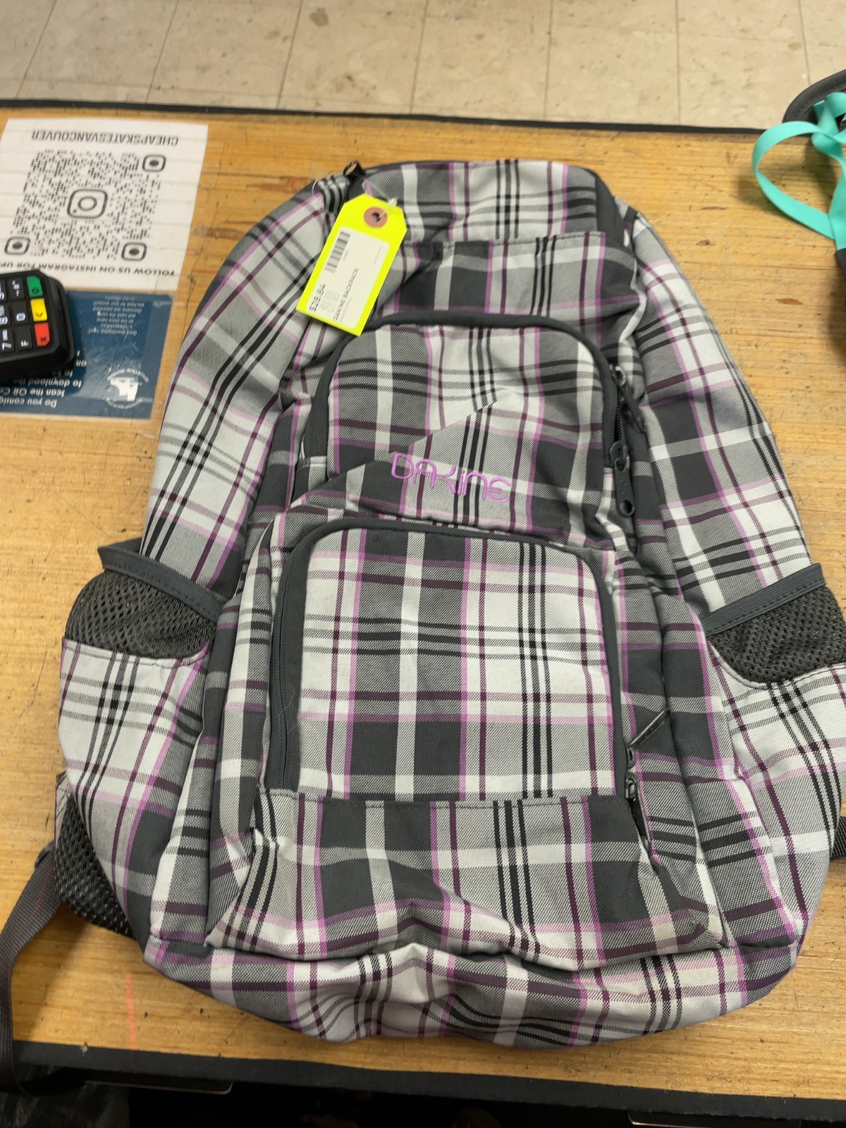 Dakine Grey and Purple Plaid Backpack