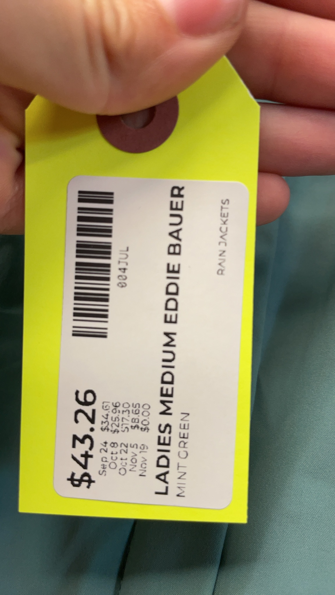 Eddie Bauer Rain Jacket Medium Mint Green