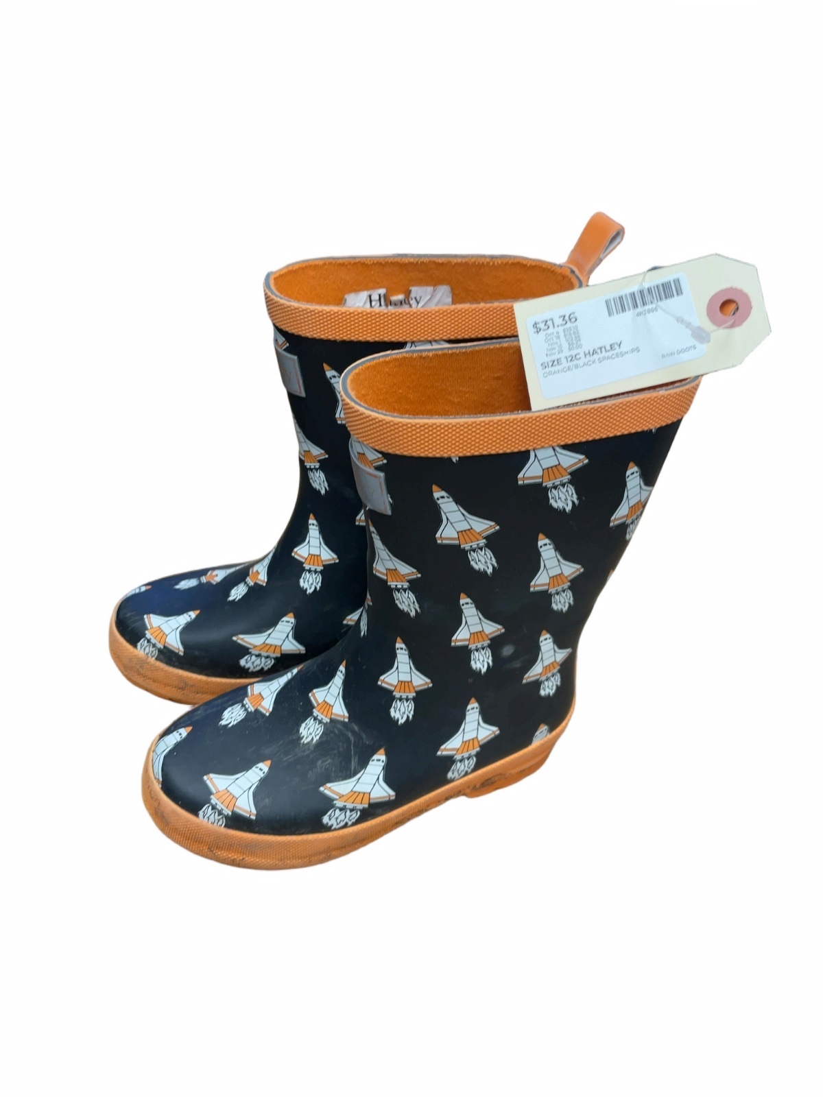 Hatley Orange/Black Spaceships Size 12C Rain Boots