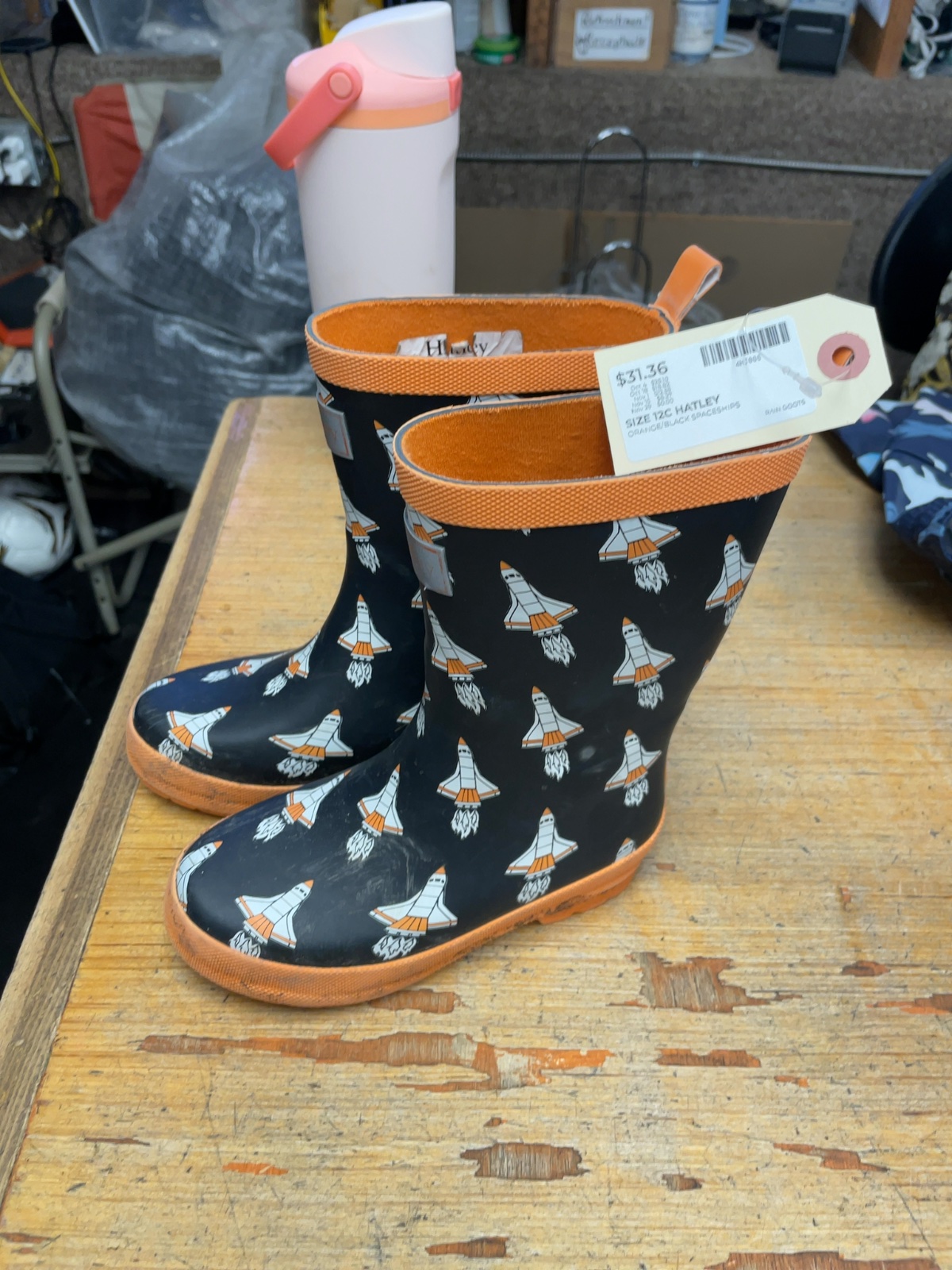 Hatley Orange/Black Spaceships Size 12C Rain Boots