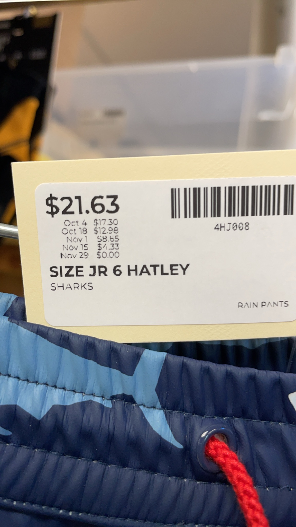 Hatley Sharks Size JR 6 Rain Pants