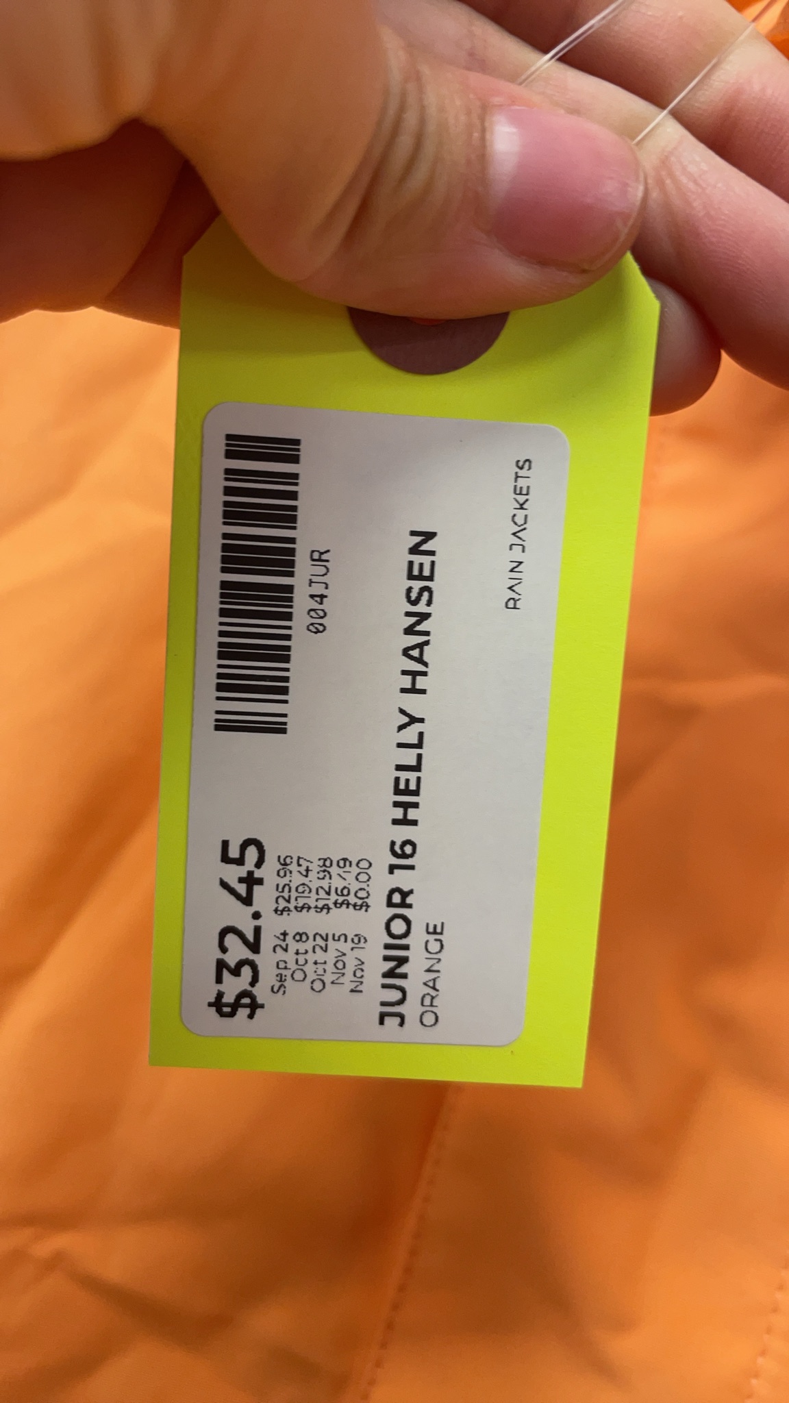 Helly Hansen Junior 16 Orange Rain Jacket