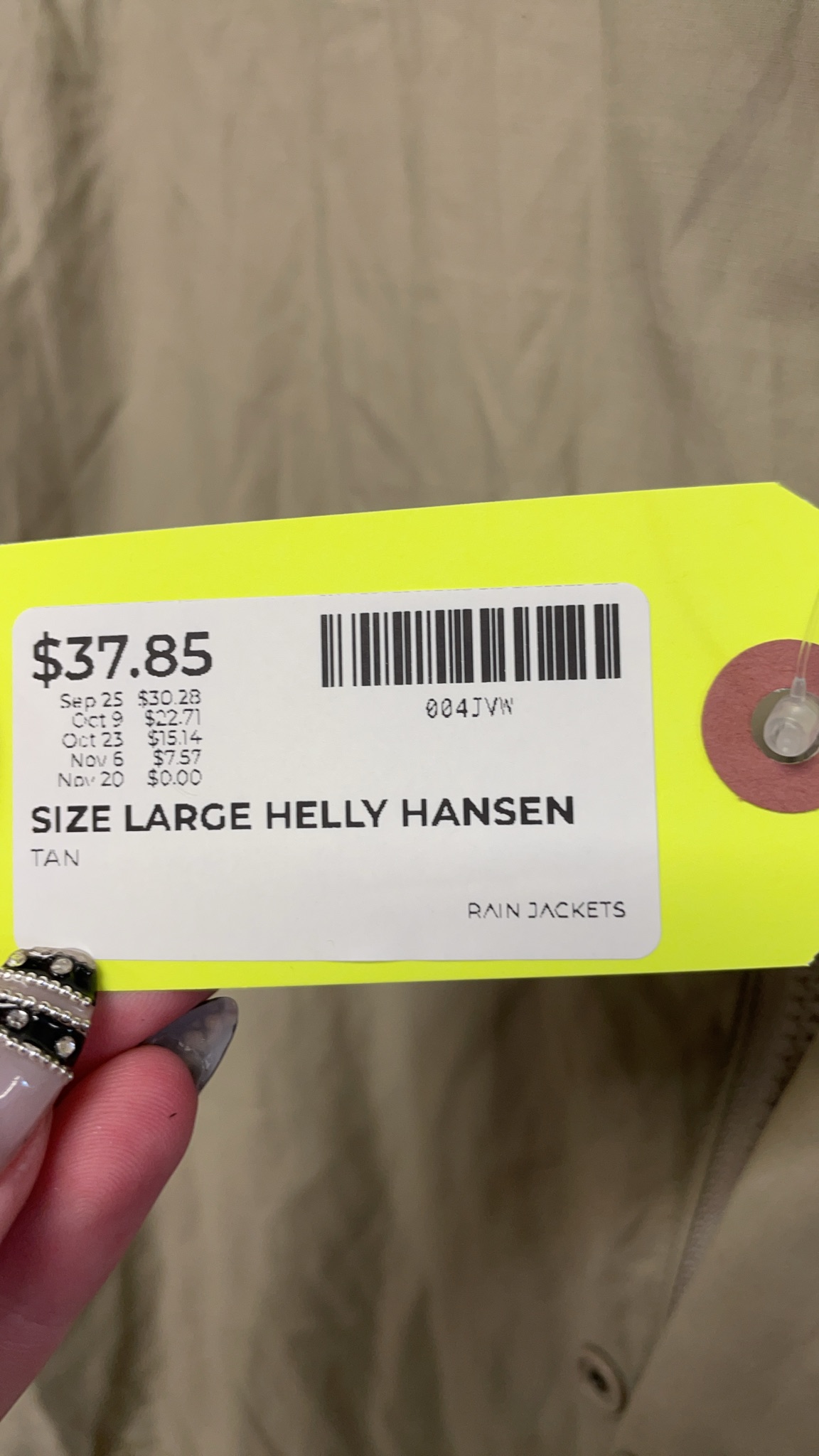 Helly Hansen Rain Jacket Size L Tan