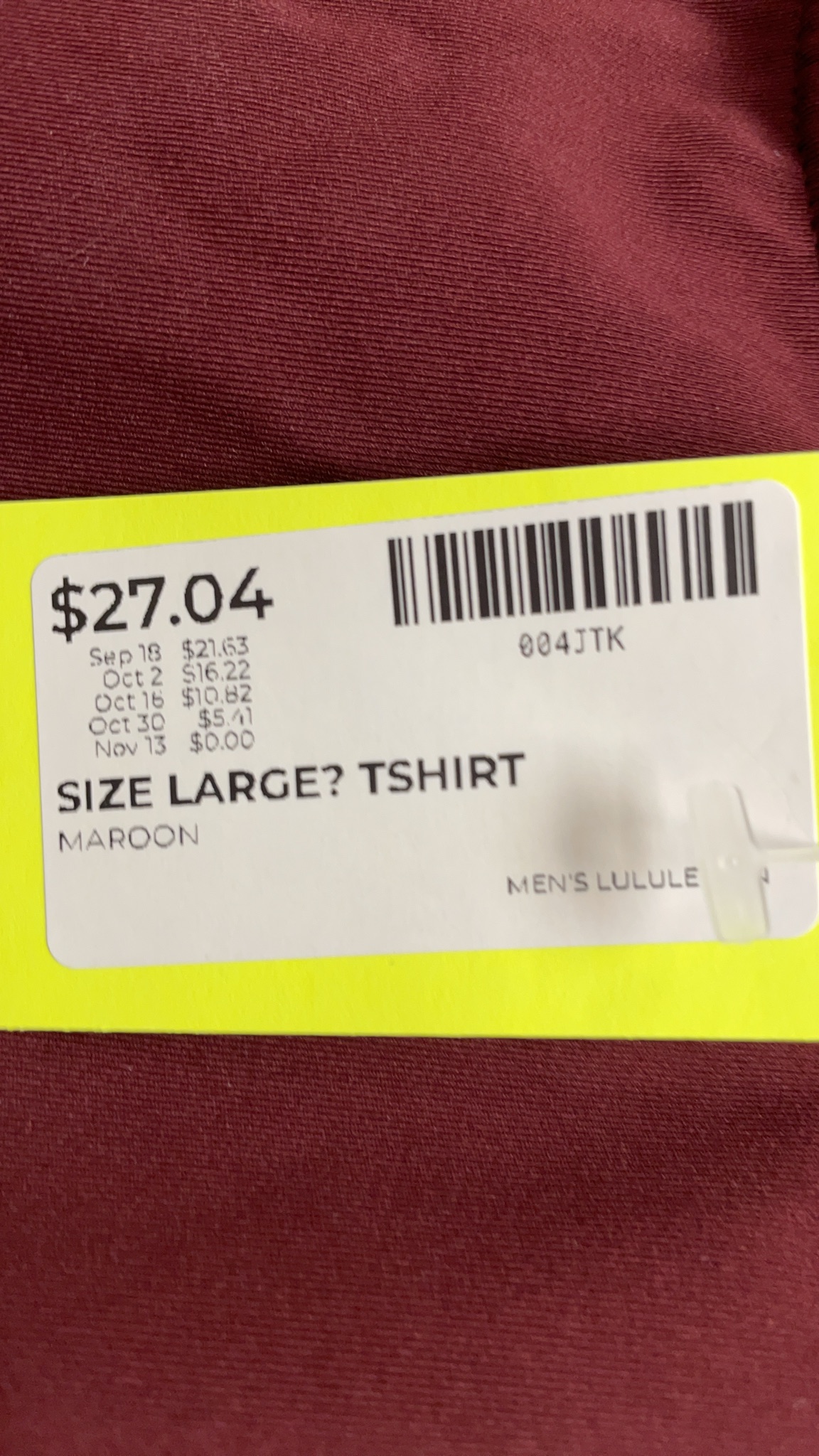 Lululemon Men's Athletic T-Shirt Size Large Maroon