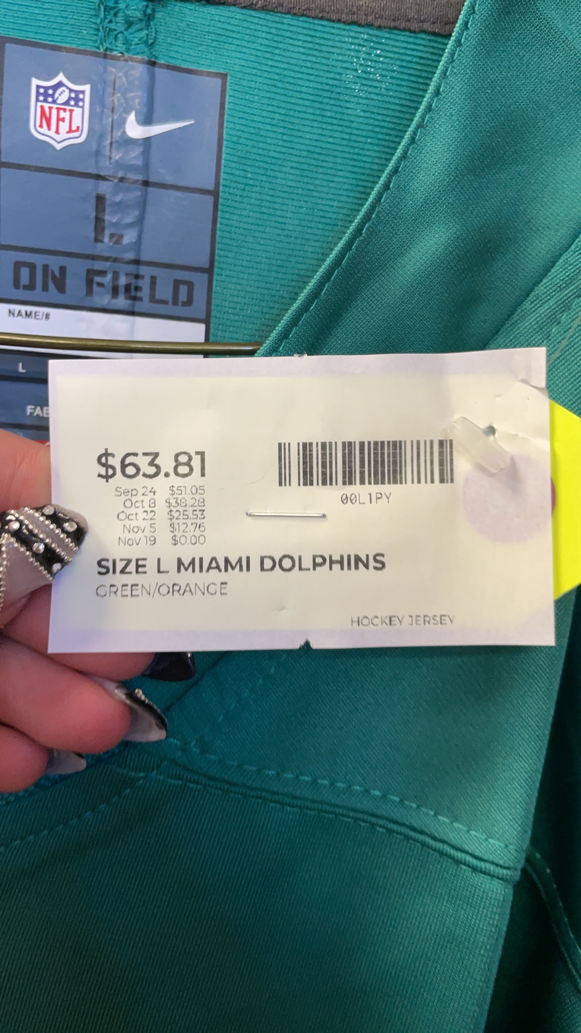 Nike Miami Dolphins On Field Jersey Size L Green/Orange