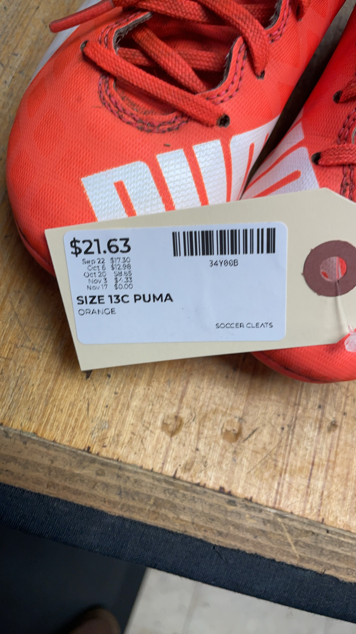 Puma evoSPEED Size 13C Orange Soccer Cleats