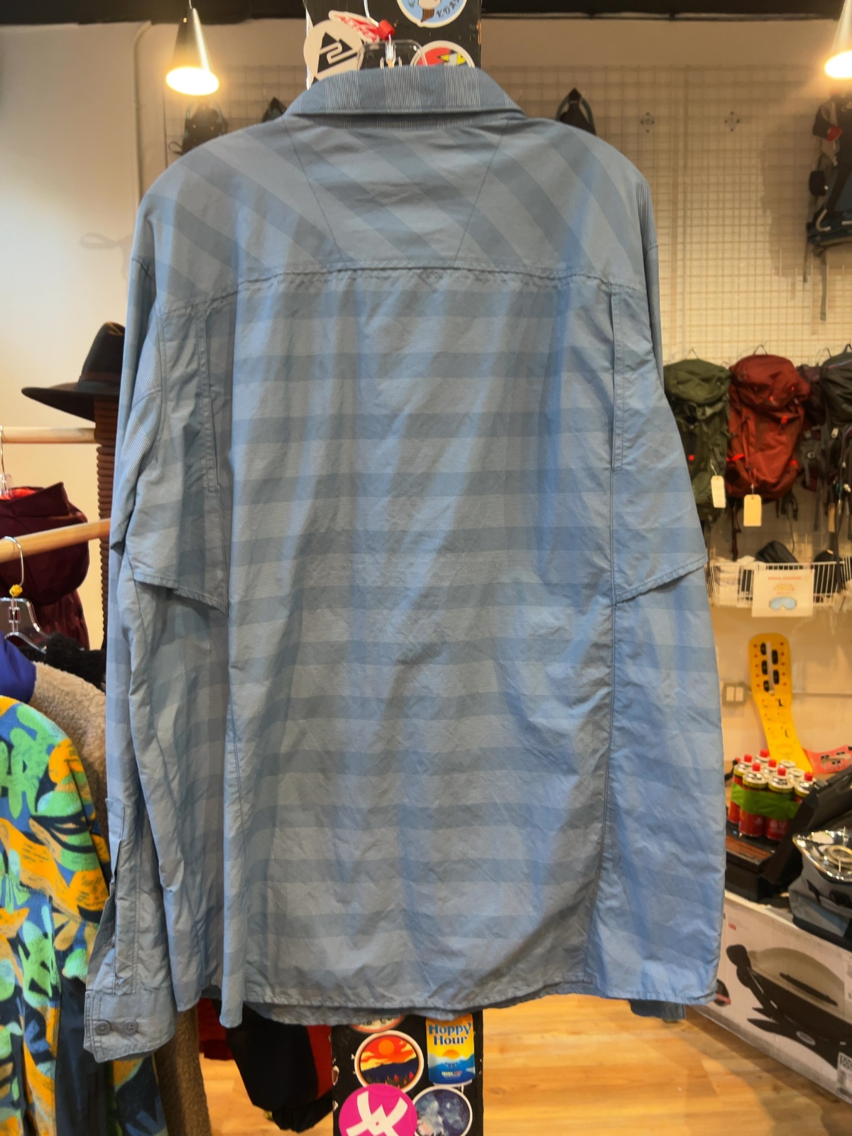 Columbia Omni-Shade Long Sleeve Hiking Shirt Blue Striped Good L