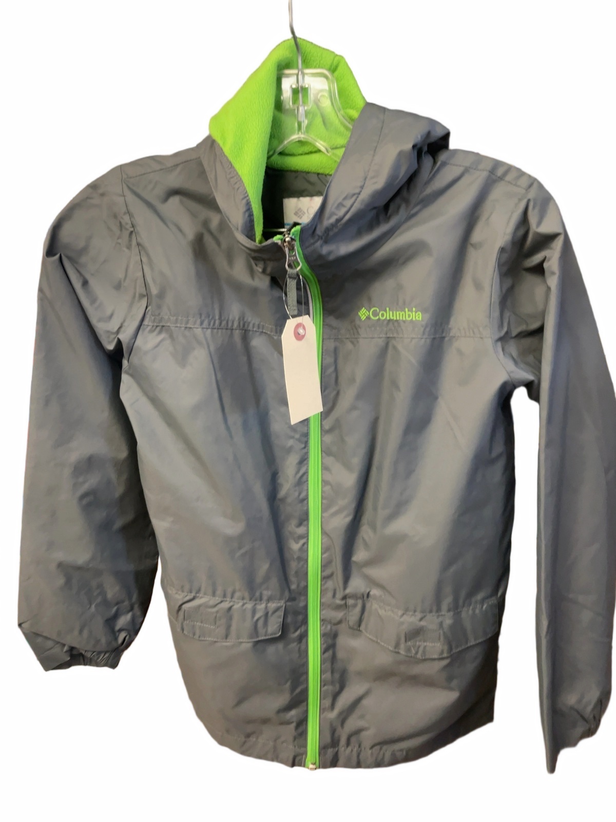 Columbia Hooded Rain Jacket Youth M (10/12) Grey/Green - image 1