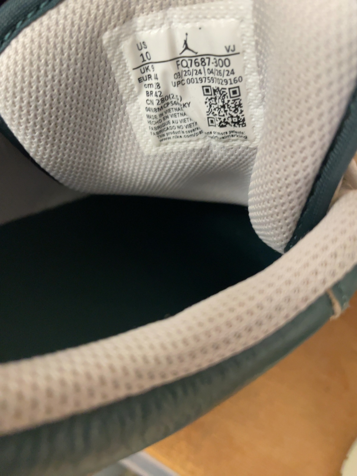 Nike Air Jordan 1 Low Size 10 US Green/White