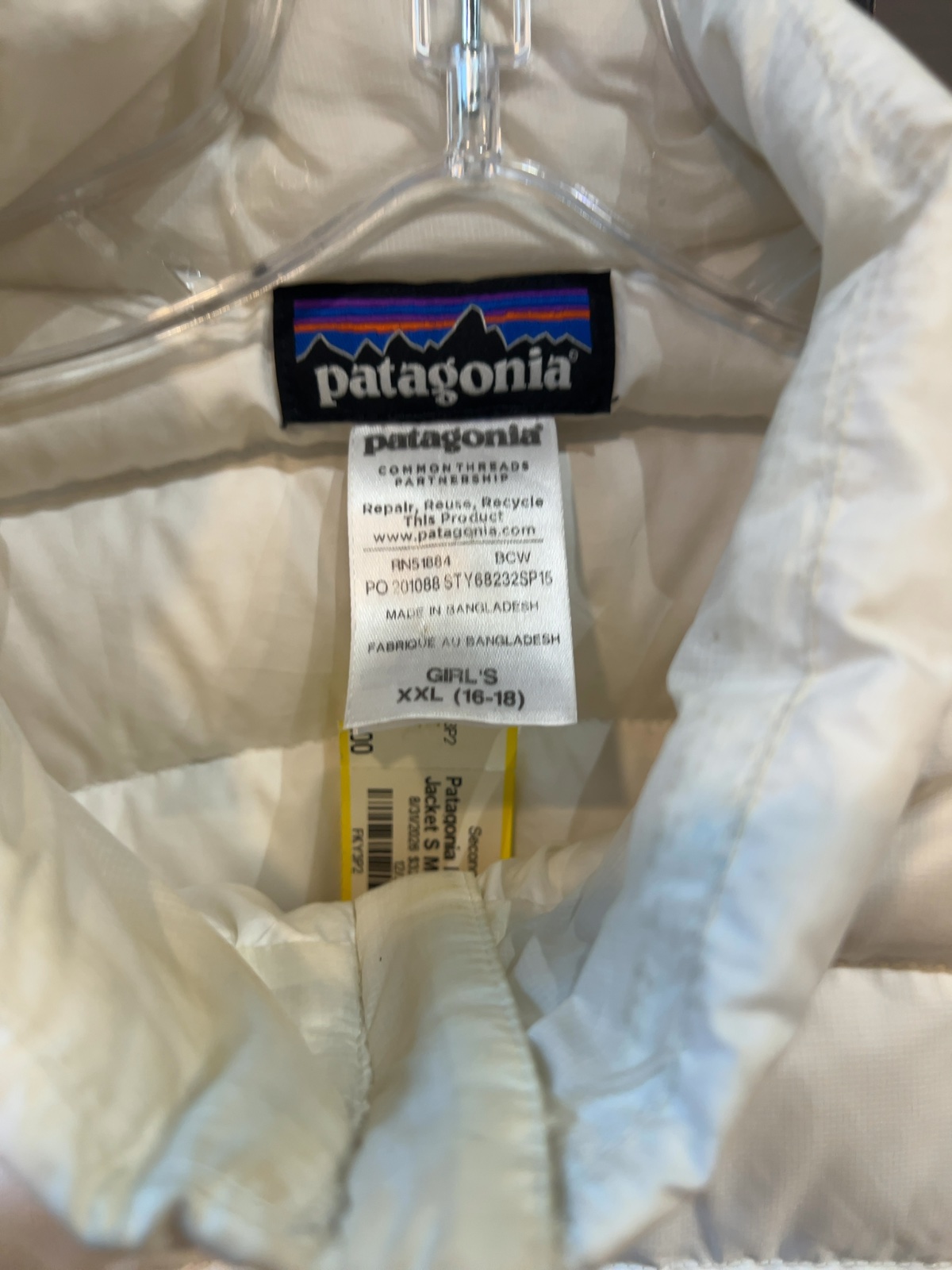 Patagonia Girls Down Sweater Jacket Off White Good XXL (16-18)