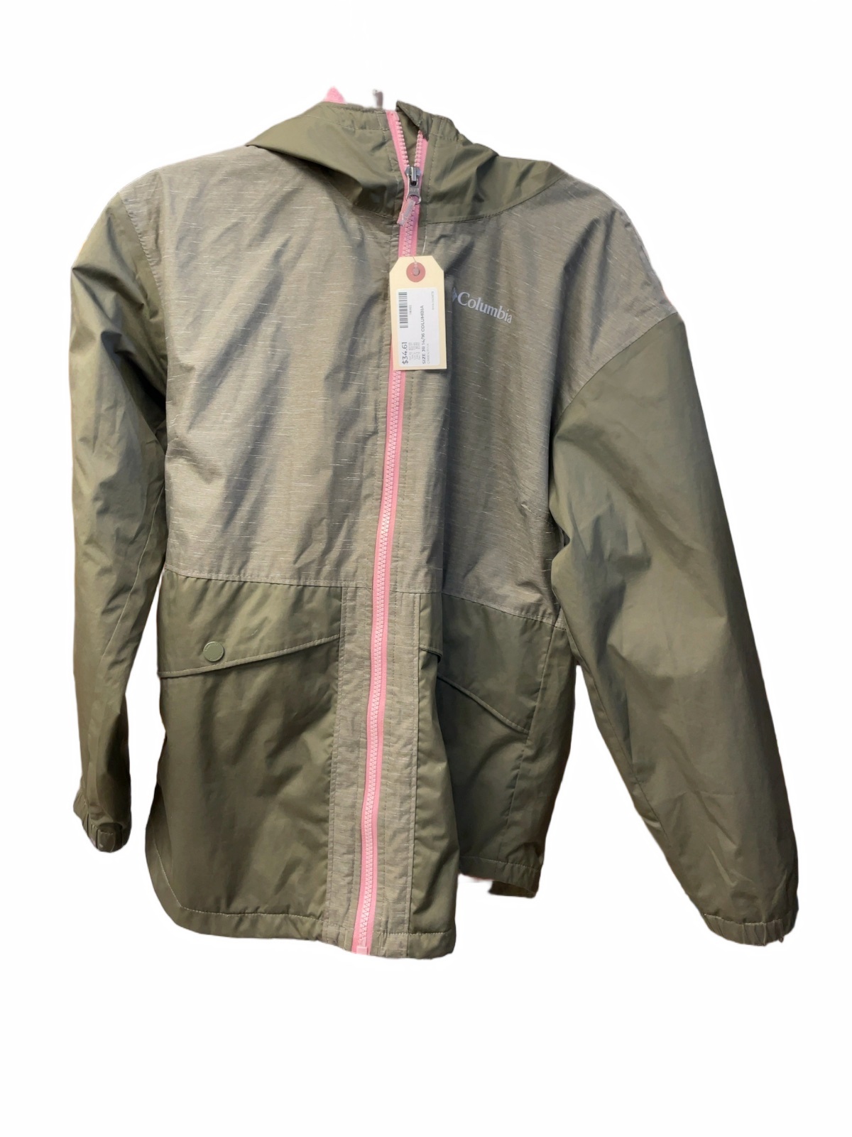 Columbia Hooded Rain Jacket Youth Size L (14/16) Green/Pink