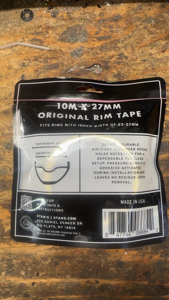 Stan's Original Tubeless Rim Tape New 10m x 27mm