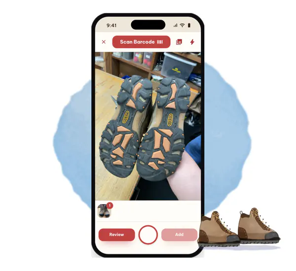 The Snapy app taking photos of a pair of hiking boots.