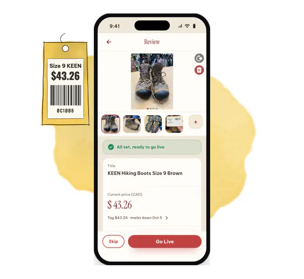 The listing Snapy wrote for the boots: title, price from the tag, ready to go live.