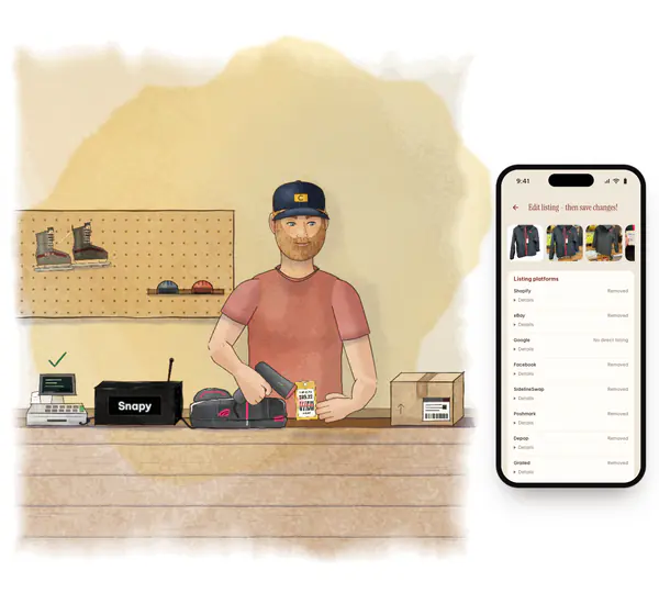 A shop owner scans a sold jacket's tag at the counter beside the Snapy Box; the app shows it removed from every marketplace.